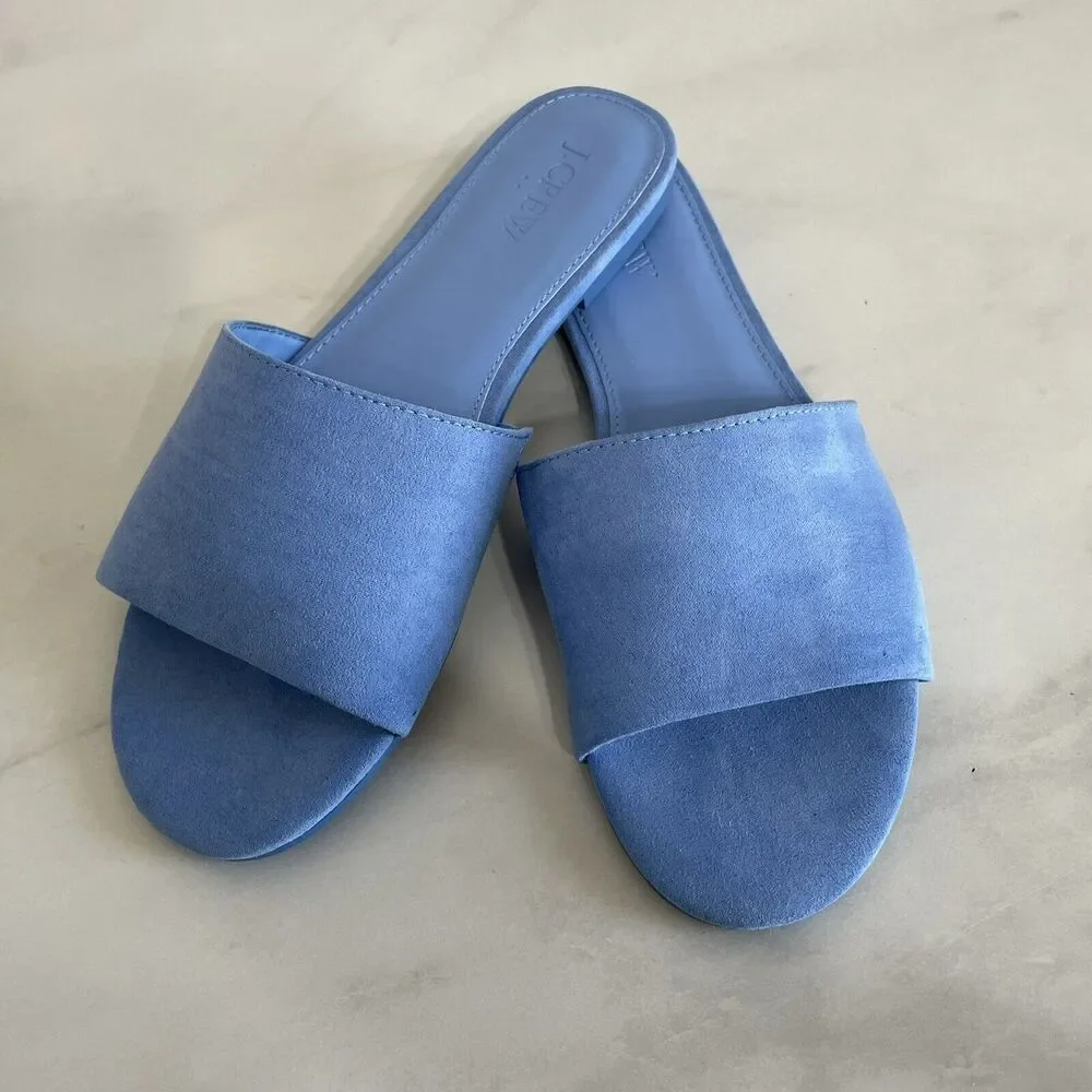 J. CREW Microsuede Single Strap Slide Sandals Women’s 8 Peri Blue Flat Shoe NEW - Picture 1 of 8